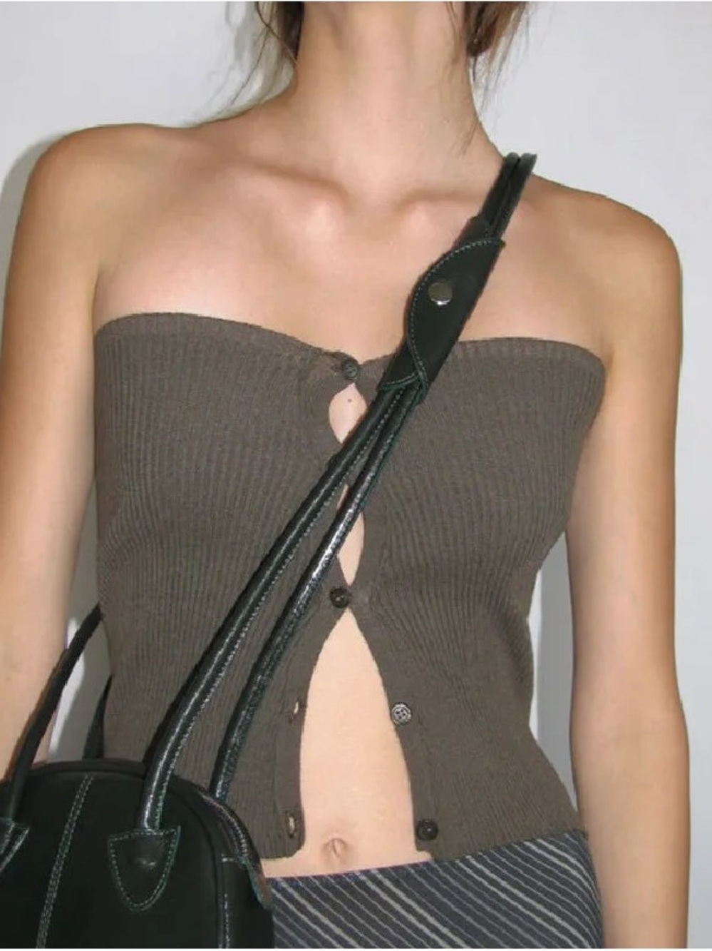 Ribbed Strapless Button-Front Tube Top in grey